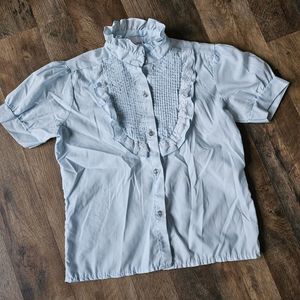 Vintage Bonnie Deb Prairie Blouse girl Size 14. Sky Blue. Pleating and lace trim